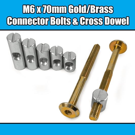 M6X70mm Gold Yellow Furniture Connector Bolts Cross Dowel Barrel Nuts Bed Cot
