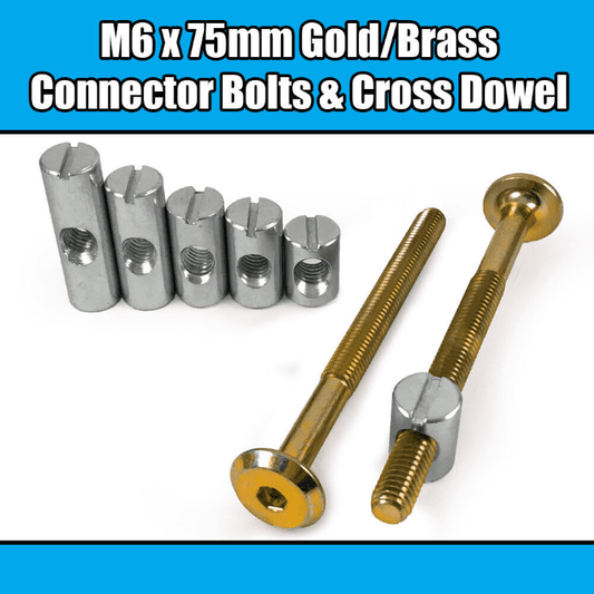 M6X75mm Gold Yellow Furniture Connector Bolts Cross Dowel Barrel Nuts Bed Cot
