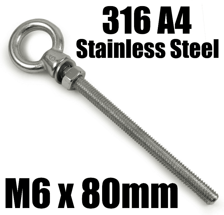 M6X80mm A4 316 Marine Grade Stainless Steel Lifting Eye Bolt Longshank Nut