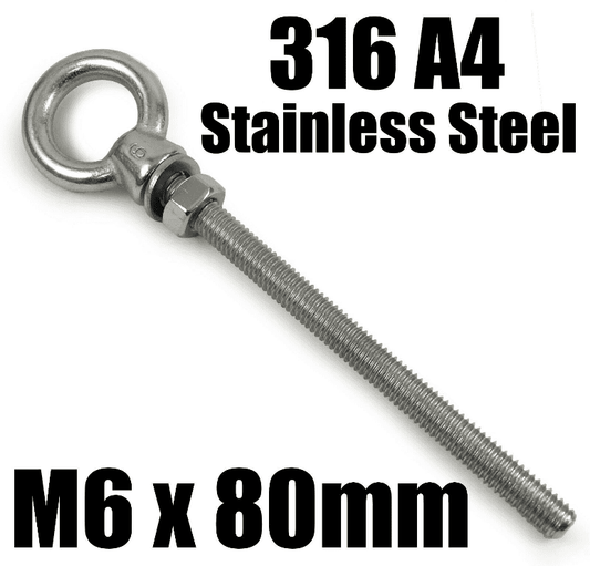 M6X80mm A4 316 Marine Grade Stainless Steel Lifting Eye Bolt Longshank Nut
