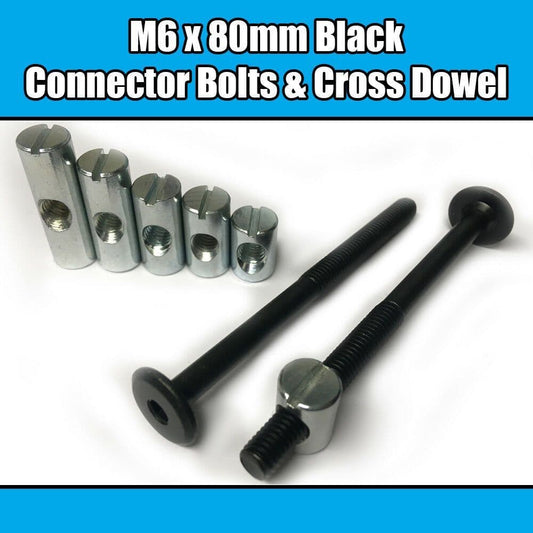 M6X80mm Black Furniture Connector Bolts & Cross Dowel Barrel Nuts Fixing Unit