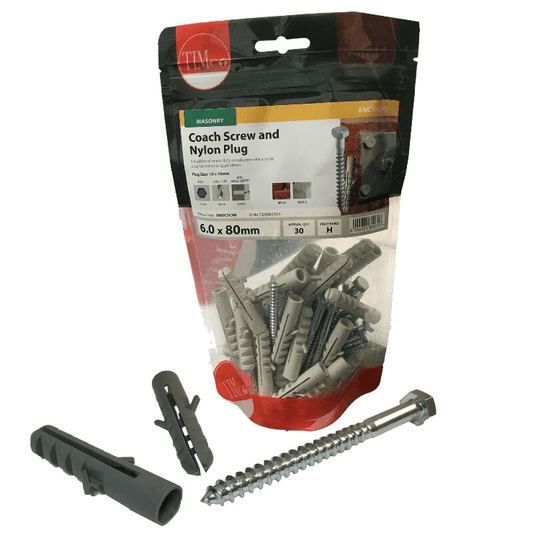 M6X80mm Timco Brick Masonry Anchor Coach Screw Nylon Rawl Wall Plug Heavy