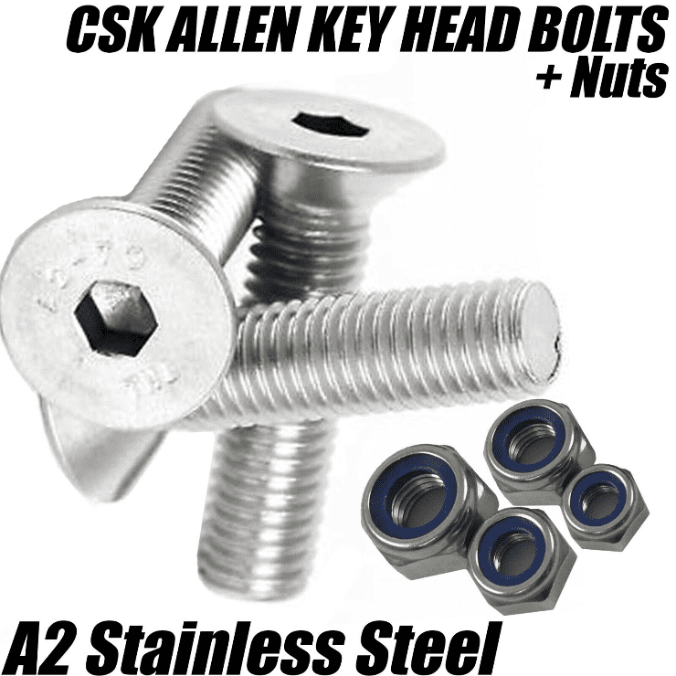 M8 A2 Stainless Steel Countersunk Screws Socket Bolts Allen Key + Nyloc Nuts
