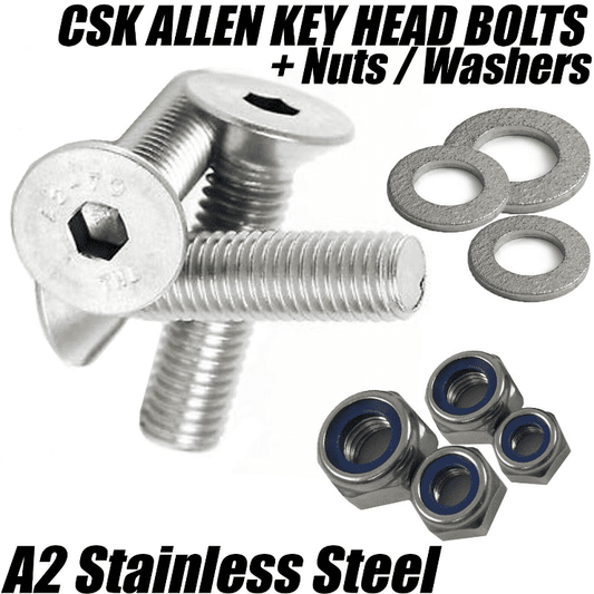 M8 A2 Stainless Steel Countersunk Screws Socket Bolts + Nyloc Nuts + Washers