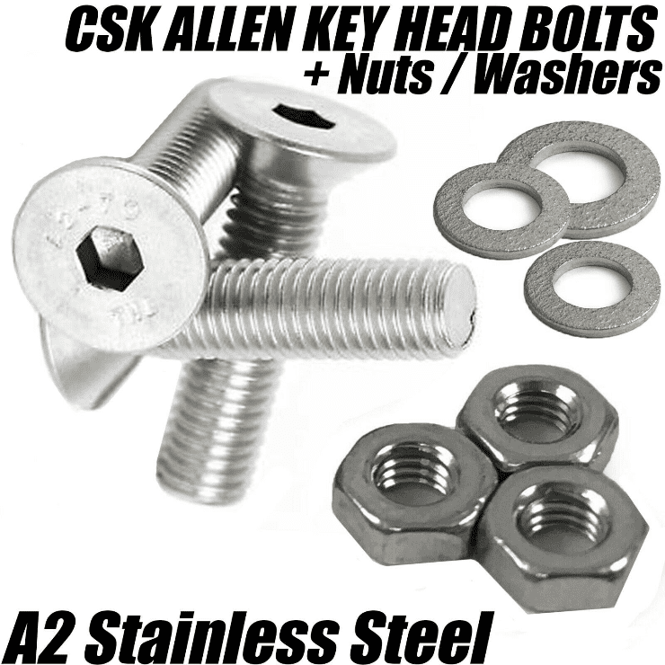 M8 A2 Stainless Steel Countersunk Screws Socket Bolts W/ Full Hex Nuts Washers