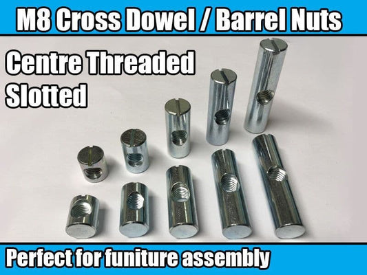 M8 Centre Thread Furniture Cross Dowel Barrel Nuts Fixing Cot Bed Desk Unit Join