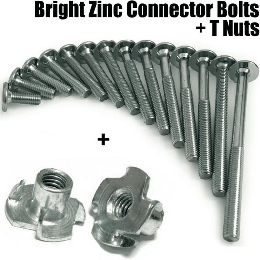M8 Thread Zinc Furniture Connector Bolts + 4 Pronged T-Nuts Insert 15mm-150mm