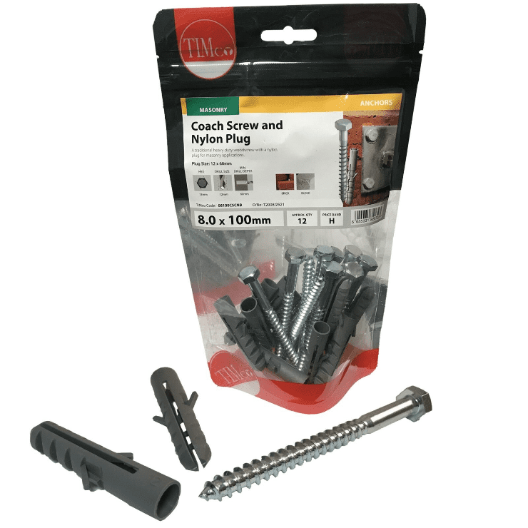 M8X100mm Timco Hex Hexagon Head Wood Screw Coach Screws Bolts With Nylon Plugs