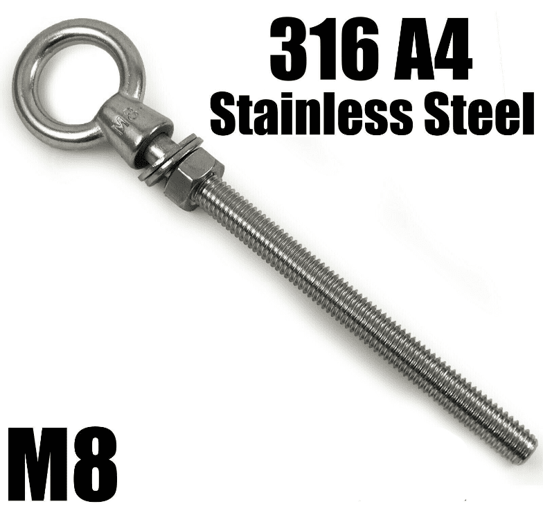 M8X150mm A4 316 Marine Grade Stainless Steel Lifting Eye Bolt Longshank Nut