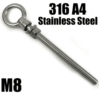 M8X150mm A4 316 Marine Grade Stainless Steel Lifting Eye Bolt Longshank Nut