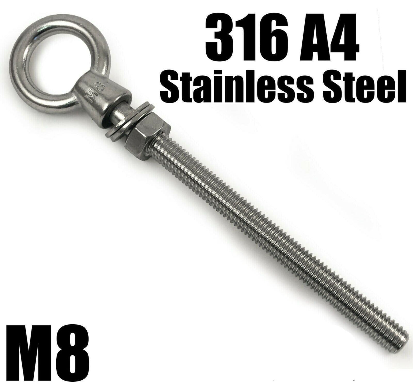 M8x150mm A4 Marine Grade Stainless Steel Lifting Eye Bolt Long Shank