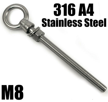 M8x150mm A4 Marine Grade Stainless Steel Lifting Eye Bolt Long Shank