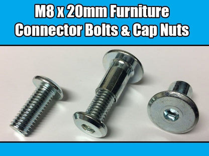 M8X20mm Furniture Connector Bolts & Cap Nuts Allen Key Flat Head Joint Fixing