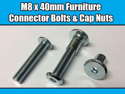 M8X40mm Furniture Connector Bolts & Cap Nuts Allen Key Flat Head Joint Fixing