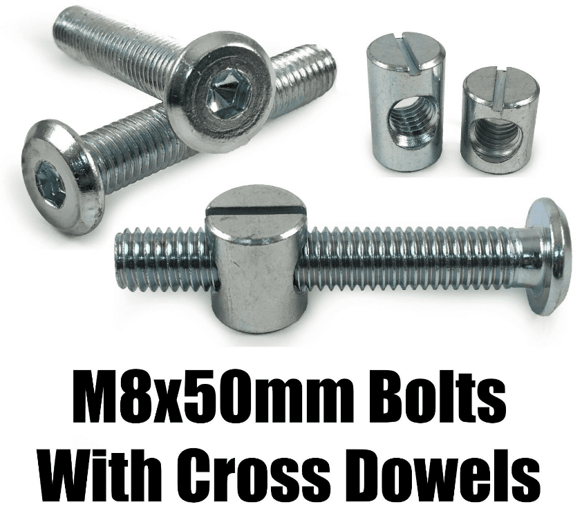 M8X50mm Furniture Connector Bolts & Cross Dowel Barrel Nuts Unit Bed Cot Desk
