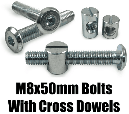 M8X50mm Furniture Connector Bolts & Cross Dowel Barrel Nuts Unit Bed Cot Desk
