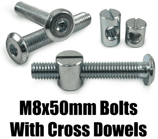 M8X50mm Furniture Connector Bolts & Cross Dowel Barrel Nuts Unit Bed Cot Desk