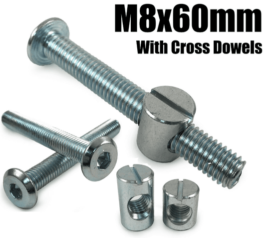 M8X60mm Furniture Connector Bolts & Cross Dowel Barrel Nuts Unit Bed Cot Desk