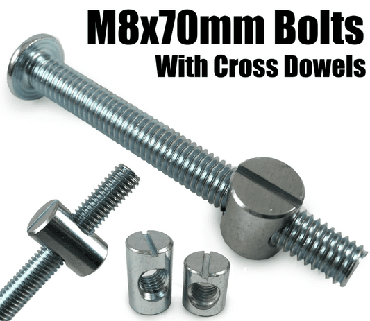M8X70mm Furniture Connector Bolts & Cross Dowel Barrel Nuts Unit Bed Cot Desk