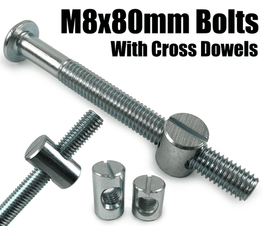 M8X80mm Furniture Connector Bolts & Cross Dowel Barrel Nuts Unit Bed Cot Desk
