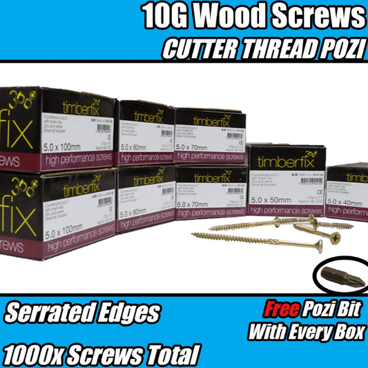 Mixed Pack 5.0mm 10G Premium Wood Screws Cutter Thread Pozi Csk Timberfix Gold