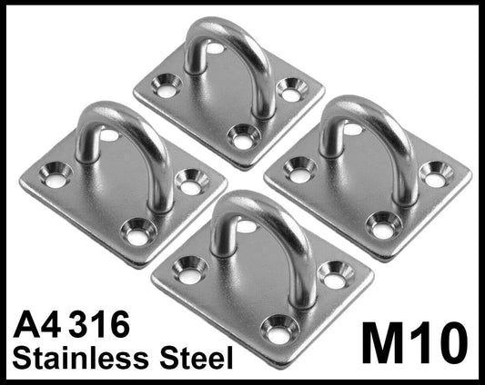 Pack of 4 10mm Square Eye Plates D ring - Stainless Steel A4 Marine Grade 316