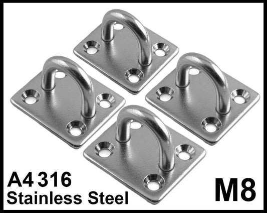 Pack of 4 8mm Square Eye Plates D ring - Stainless Steel A4 Marine Grade 316