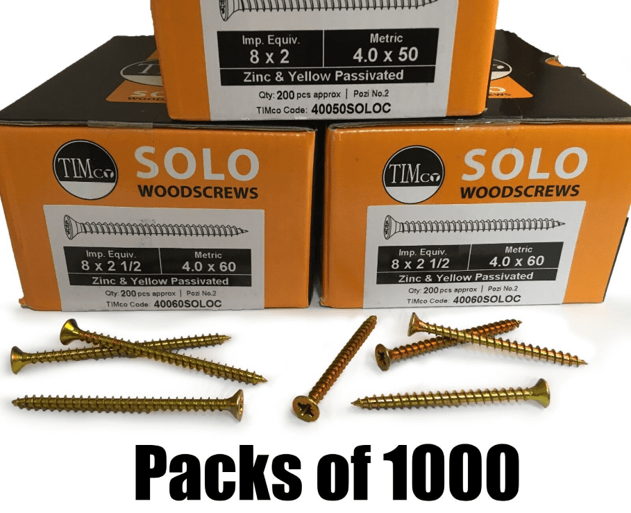Packs Of 1000 Timco 8G 4mm Solo Wood Screws Yellow Pozi Countersunk Chipboard