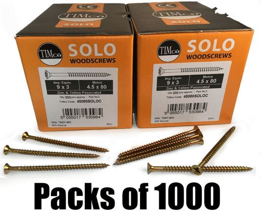 Packs Of 1000 Timco 9G 4.5mm Solo Wood Screws Yellow Pozi Countersunk Chipboard