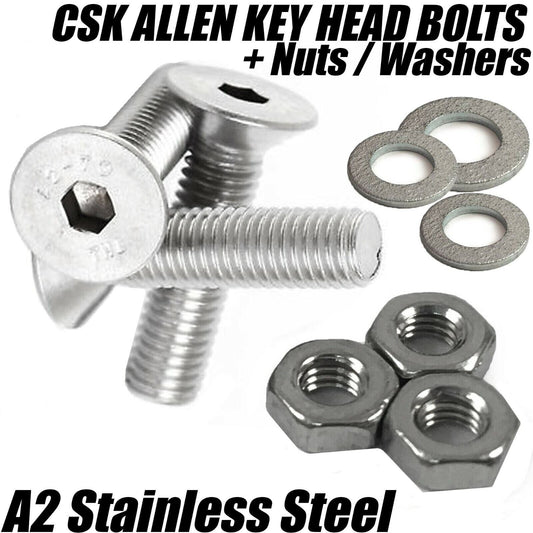 M10 A2 Stainless Steel Countersunk Screws Socket Bolts & Full Hex Nuts Washers 100mm - 200mm
