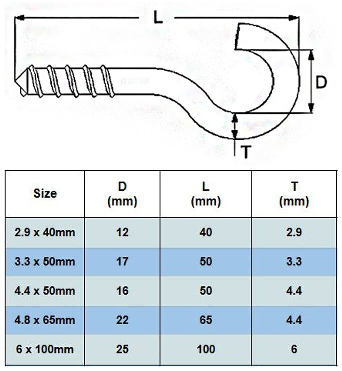 A4 Stainless Steel Cup Hooks Dimensions