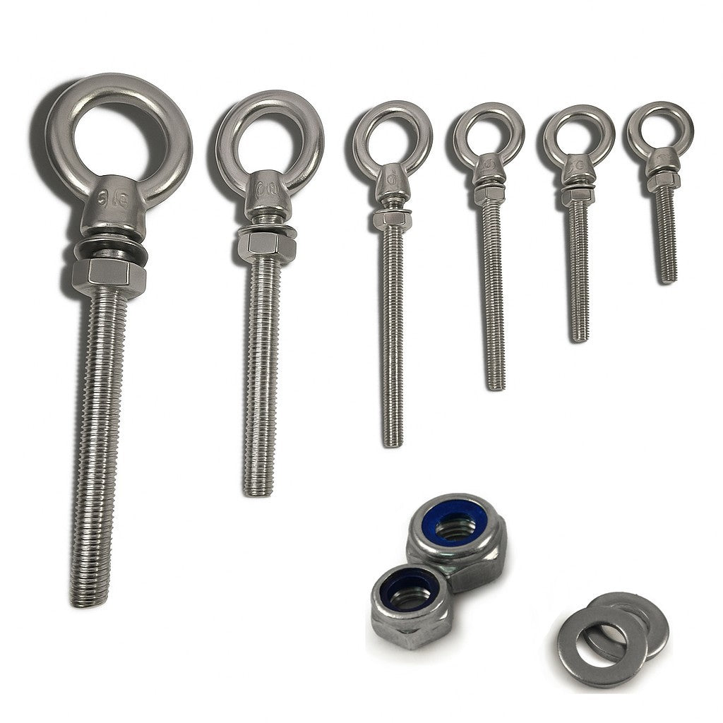 A4 316 Marine Grade Stainless Steel Long Eye Bolt + Hex Nut + Nyloc Nut M6 - M20