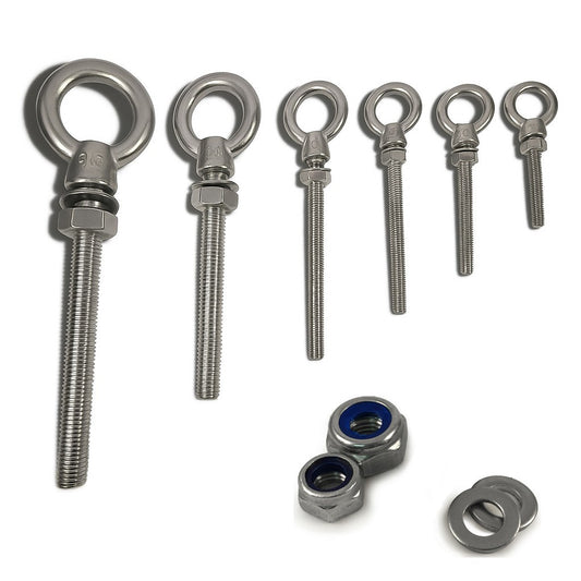 A4 316 Marine Grade Stainless Steel Long Eye Bolt + Hex Nut + Nyloc Nut M6 - M20