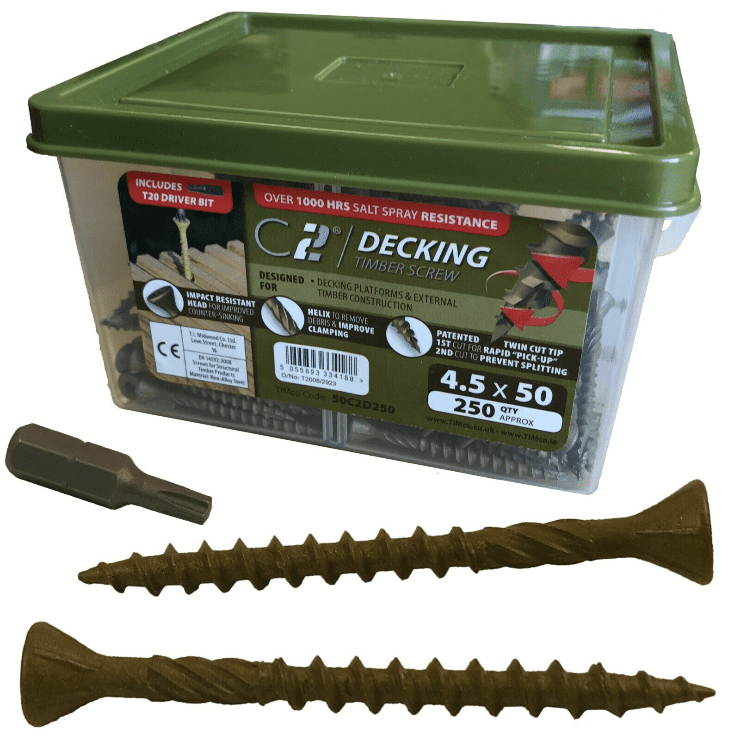 Timco 4.5mm 9G C2 Exterior Green Outdoor Wood Decking Screws T20 Torx Head Bit
