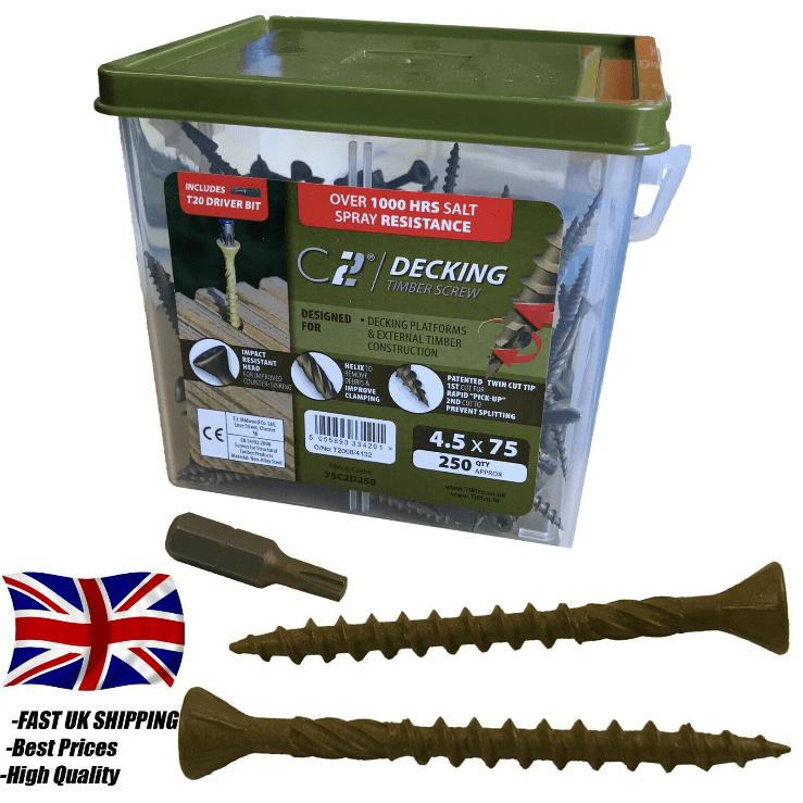 Timco 4.5mm 9G C2 Exterior Green Outdoor Wood Decking Screws T20 Torx Head Bit