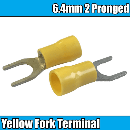Yellow Insulated Electrical Splice Crimp 6.4mm fork 2 Pins Terminals Cable Wire